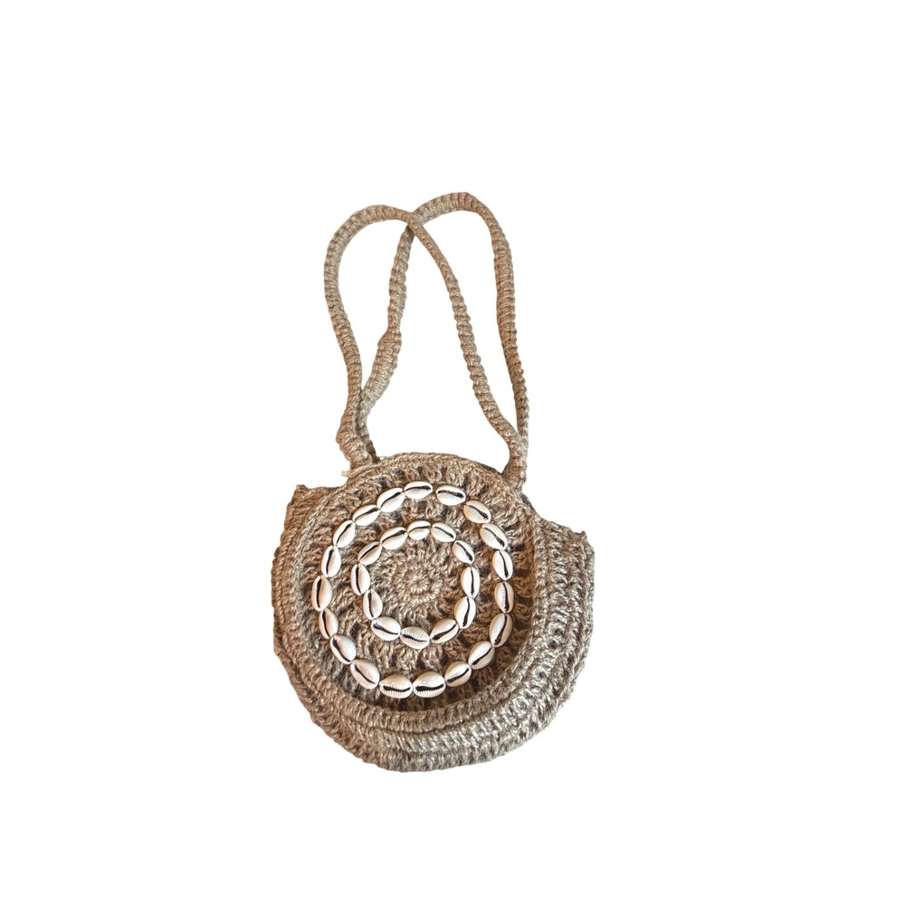 Forever 21 Tan Crochet Round Cowrie Shell Boho Shoulder Bag Purse 6" X 6"